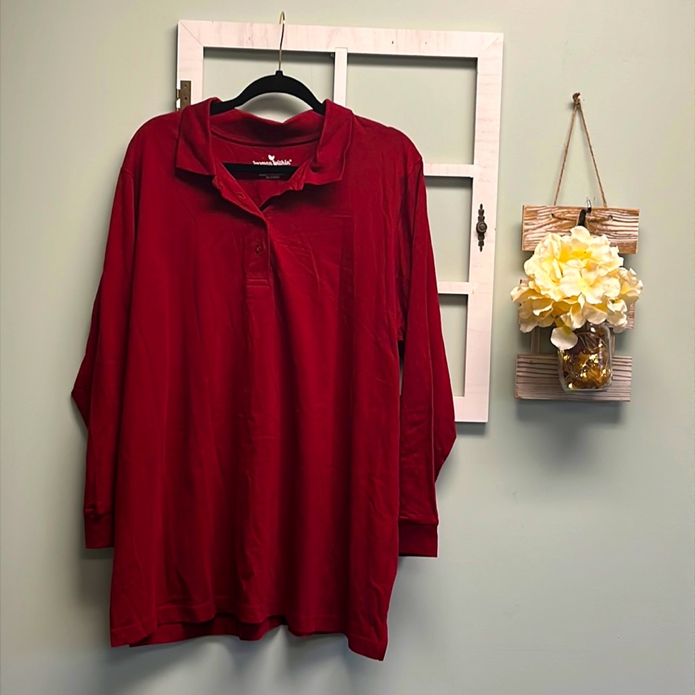 Woman Within 100% Cotton, Button Neck, Long Sleeve Polo.